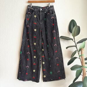 Dressed in LALA Black Wide Leg Jeans with Colorful Embroidery